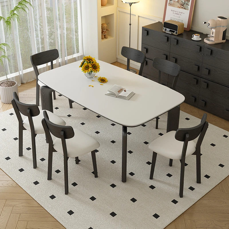 法式复古家用餐桌简约长方形奶油风岩板餐桌椅组合白蜡木吃饭桌子