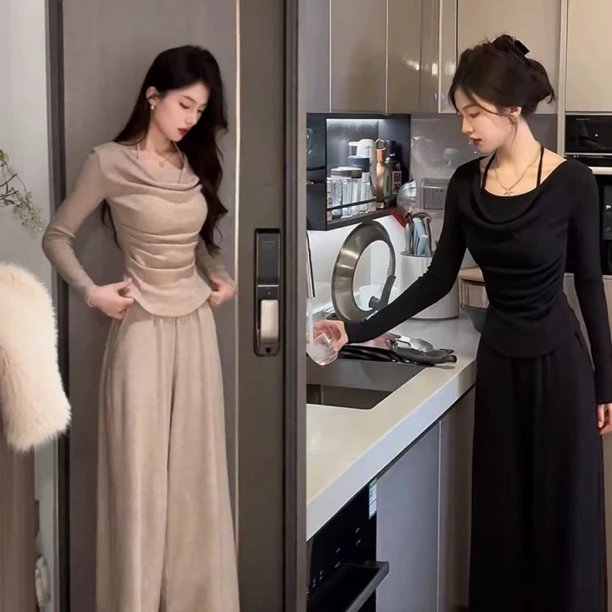 春季新款洋气显瘦时尚性感纯欲风假两件百搭上衣+高腰阔腿长裤