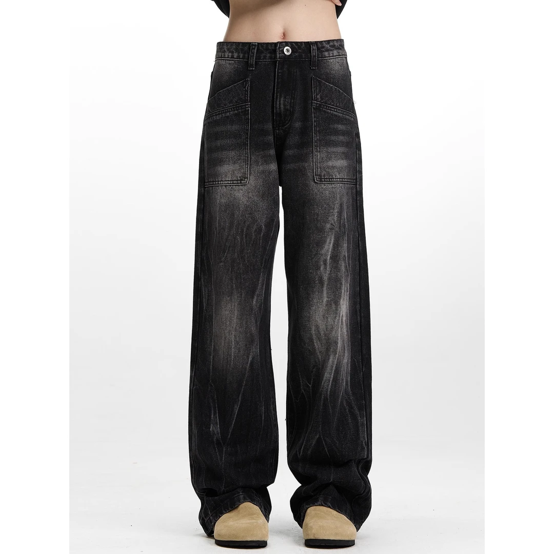 vibe高街裤子潮牌美式复古水洗黑做旧牛仔裤男款宽松阔腿直筒长裤