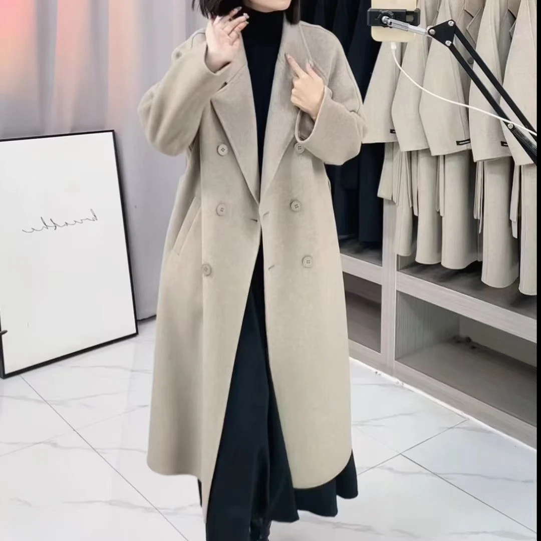 2024秋冬双面呢大衣六粒扣气质时尚百搭宽松毛呢高低缝外套女显瘦