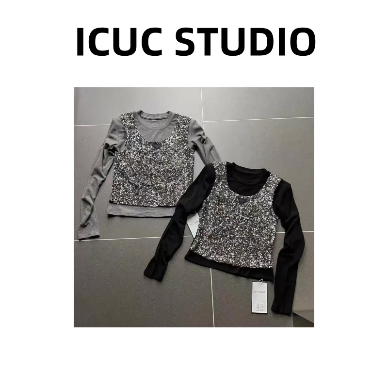 ICUC定制-【重工亮片拼接假两件打底】冬季新款显瘦百搭T恤9061-1