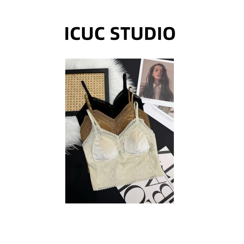 ICUC定制-【金丝绒性感蕾丝美背吊带】冬季新款一体杯无痕内衣2868