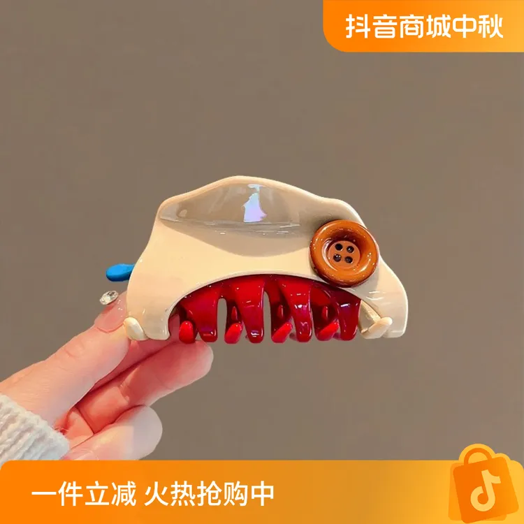 可爱设计纽扣抓夹时尚气质红色三角发夹拼色发卡半扎鲨鱼夹发抓子