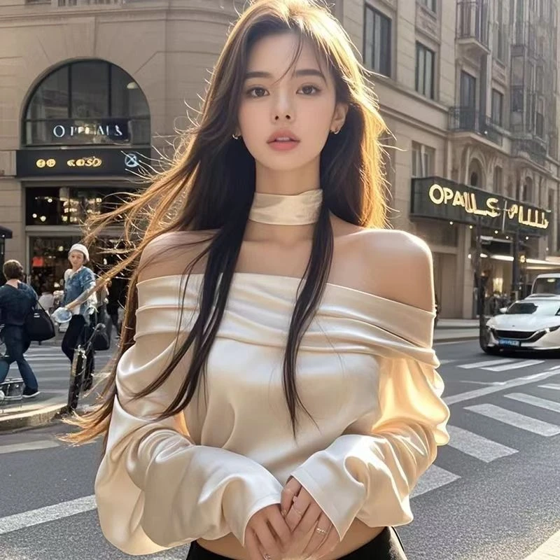 法式名媛风一字肩长袖衬衫女2024年秋季别致洋气修身显瘦别致上衣