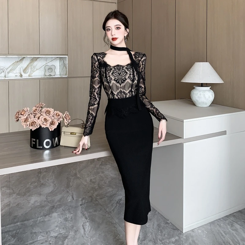 1623D2C长短可选 秋季名媛气质蕾丝拼接性感包臀裙法式轻奢连衣裙
