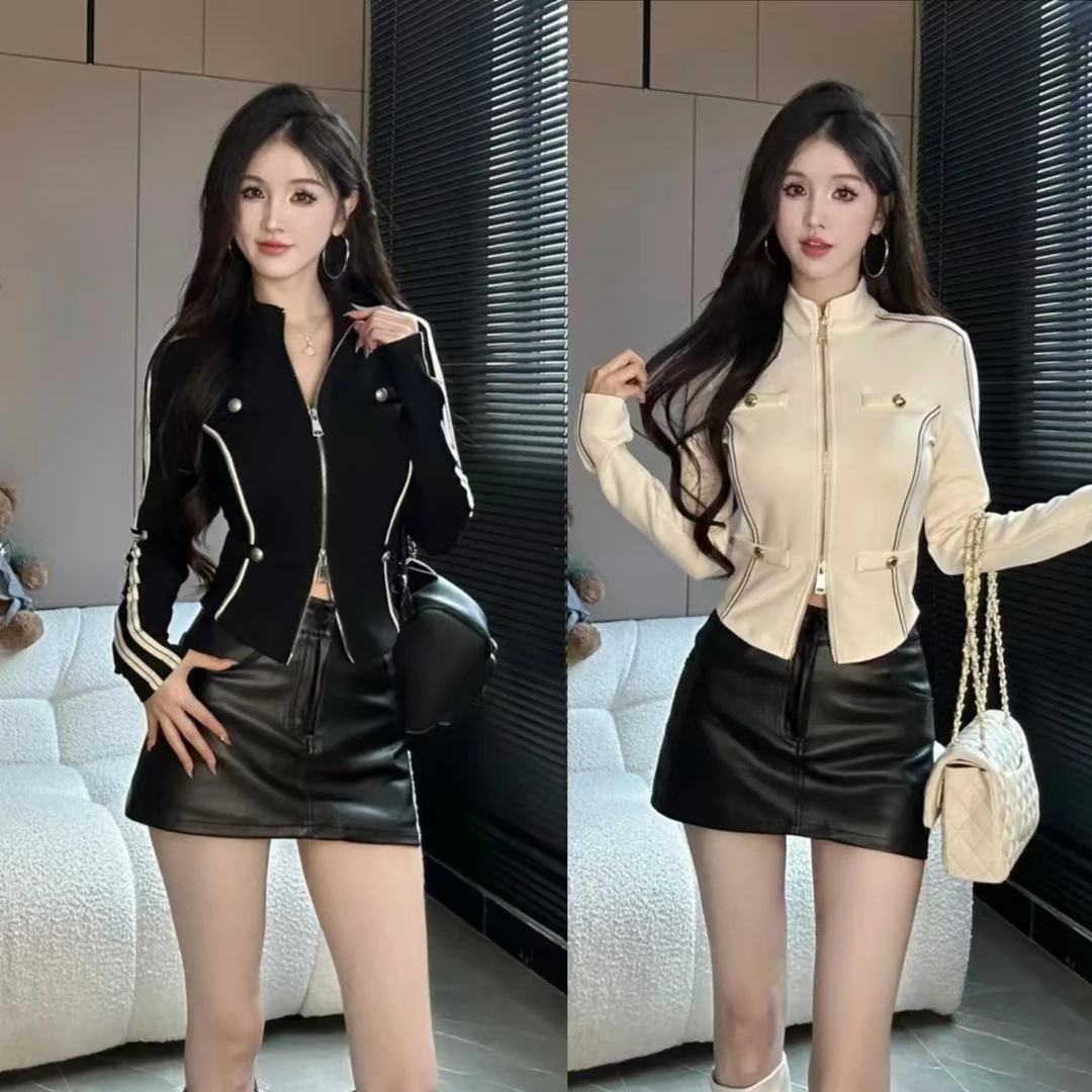 1189 秋季撞色条纹长袖短款外套+辣妹皮裙黑色半身裙套装