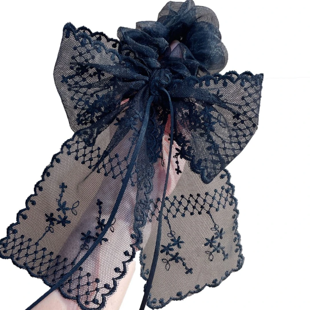 超仙蕾丝花边蝴蝶结飘带大肠发圈日韩少女气质发绳黑色白色头绳女