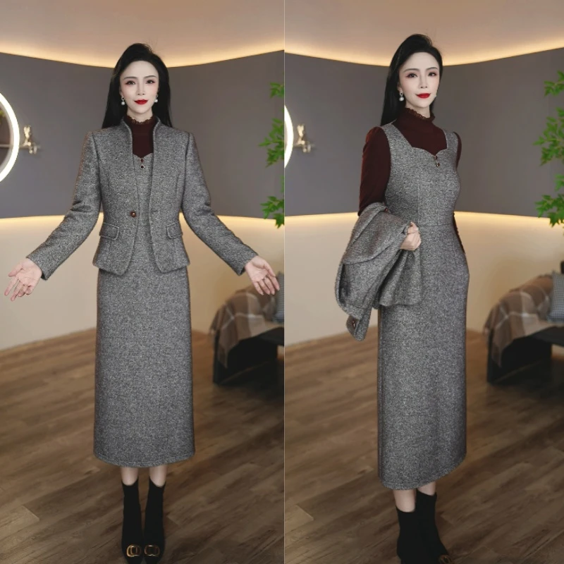 X两件套秋冬新款高档加厚气质修身百搭连衣裙套装6033