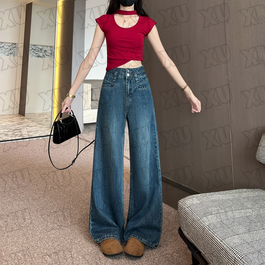 7288 Q复古口袋设计阔腿牛仔裤女秋新款高腰显瘦百搭直筒拖地裤