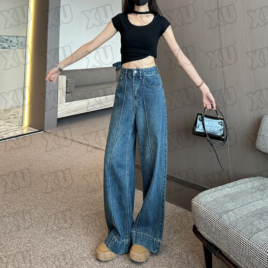 7286 GY高腰复古阔腿牛仔裤女秋季新款垂感垮裤宽松直筒长裤