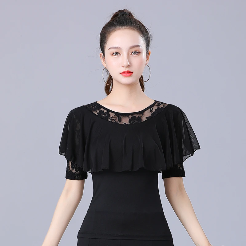 摩登舞上衣吉特巴舞蹈服广场舞夏季蕾丝短袖水兵舞上衣三步踩表演