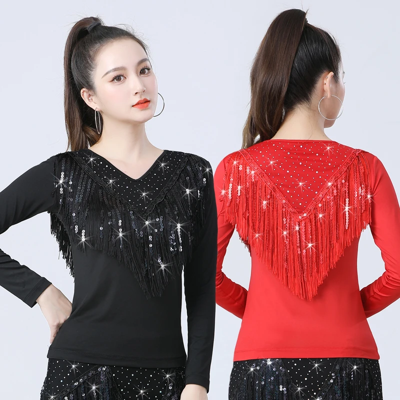 秋冬新款广场舞服装长袖亮片流苏拉丁舞服国标伦巴表演出练功衣服