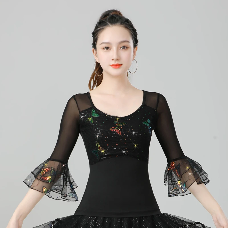 广场舞吉特巴演出服拉丁舞三步踩网纱蝴蝶喇叭袖上衣演出服装显瘦
