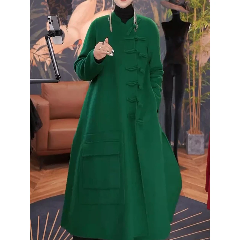 中式盘扣国风保暖毛呢外套秋冬新款贵夫人气质宽松中长款大衣