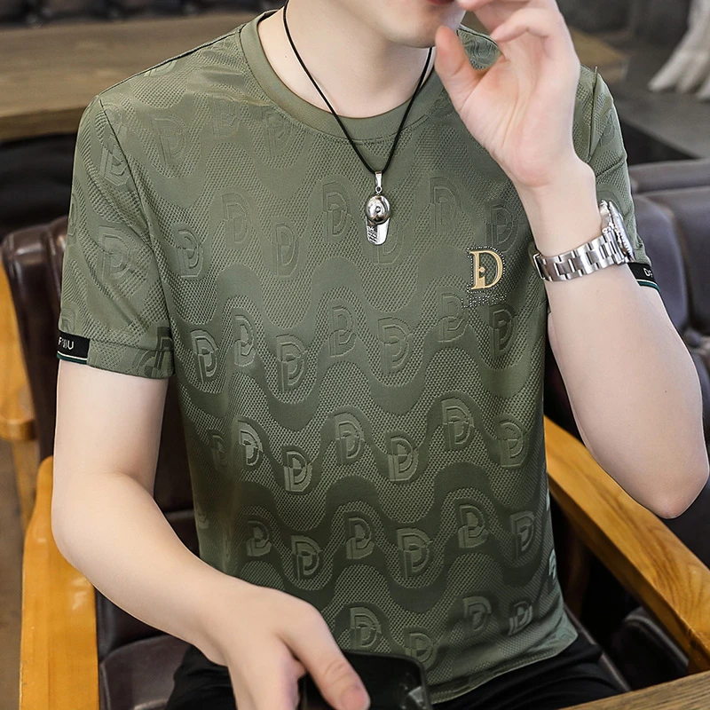 35-55岁夏季新款男士冰丝短袖t恤休闲透气镂空薄款半袖速干凉爽潮