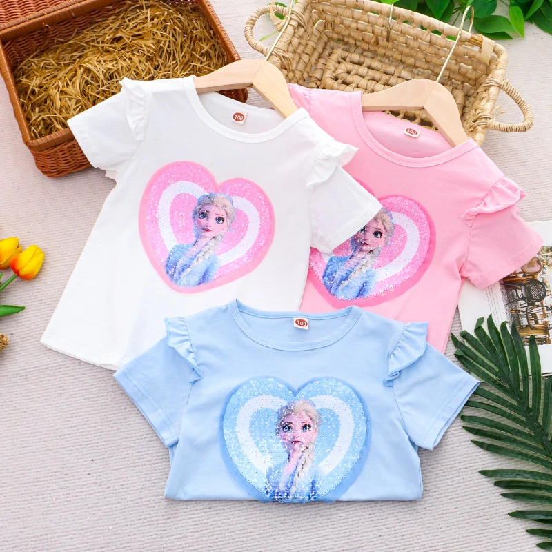 2025童装夏装新款女童短袖双面变色亮片T恤卡通上衣儿童半袖半袖