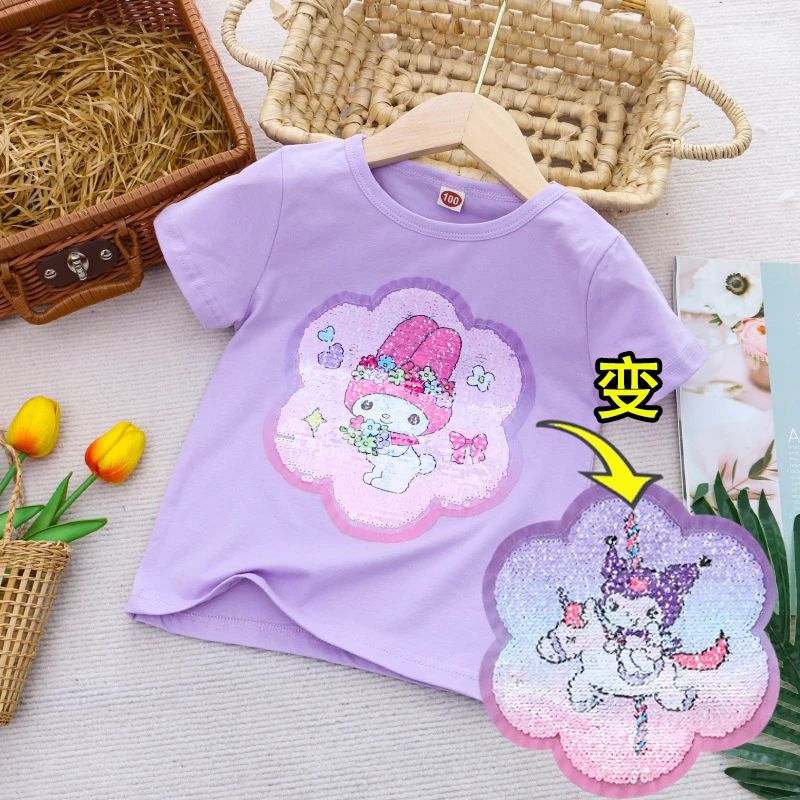 女童变色亮片短袖夏季新款紫色T恤儿童网红洋气棉质半袖上衣