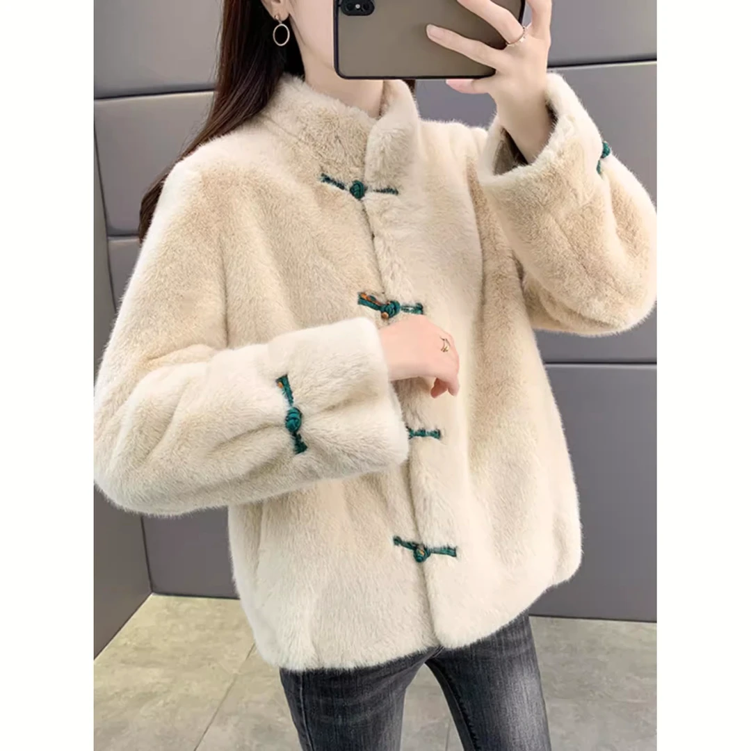 新中式中国风盘扣立领皮毛一体外套季冬加厚保暖时尚气质毛毛外套