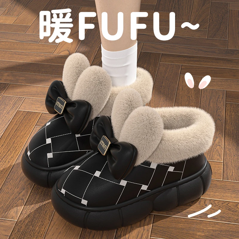 洋山公羊EVA蝴蝶结防水棉鞋女加绒保暖防滑秋冬季冬天居家棉拖鞋