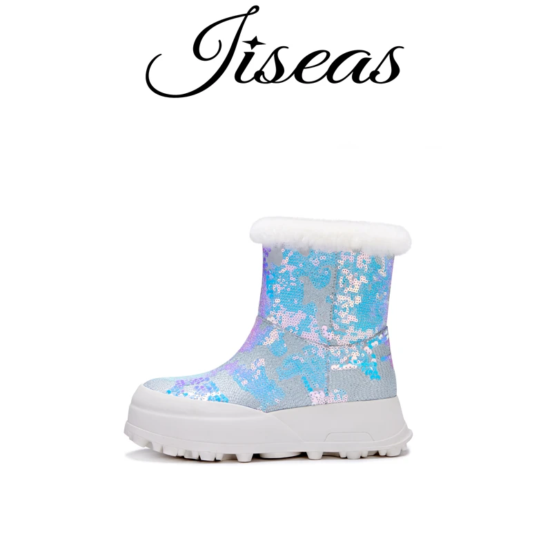 JISEAS冬季羊皮毛一体亮片雪地靴厚底增高显瘦