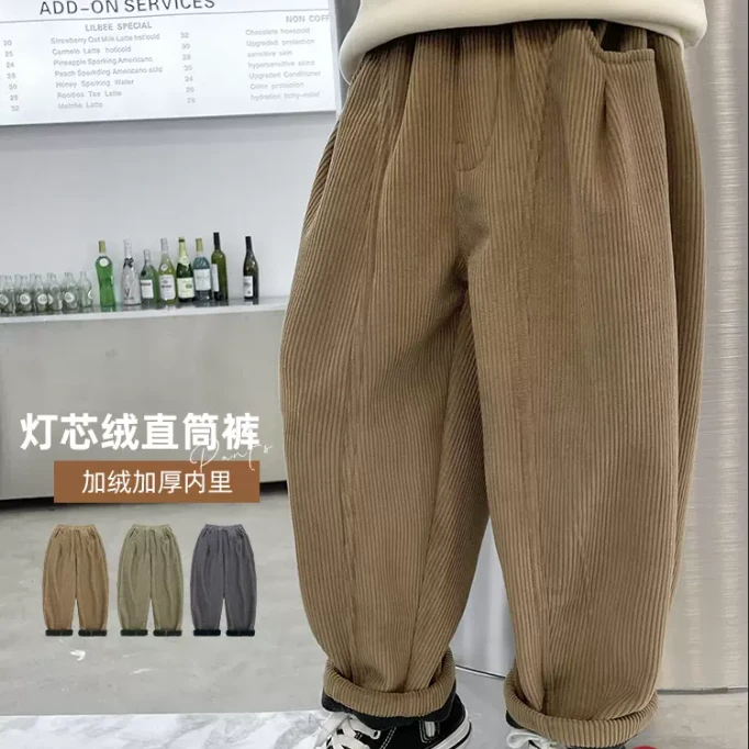 男童冬季加厚灯芯绒裤子2023新款儿童一体绒长裤中大童冬装裤子