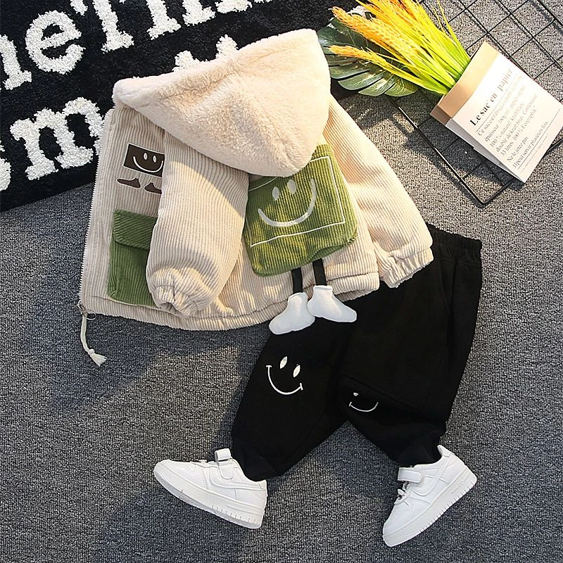 男童加绒套装2023新款儿童加厚棉服冬装宝宝棉衣外套洋气时髦潮款