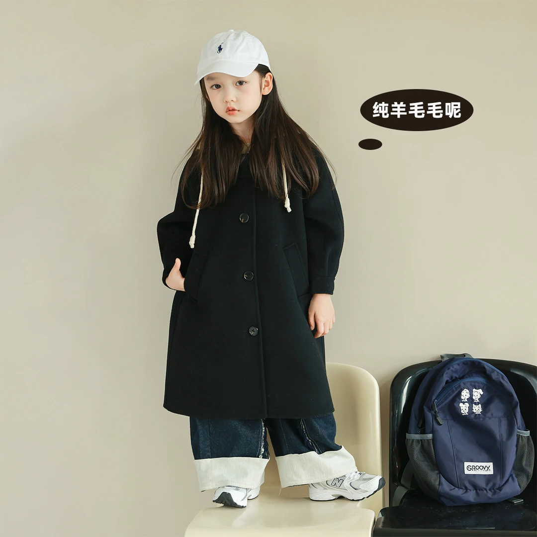 utouto大耳象女童撞色毛线帽呢大衣2024冬季新款女宝2410340