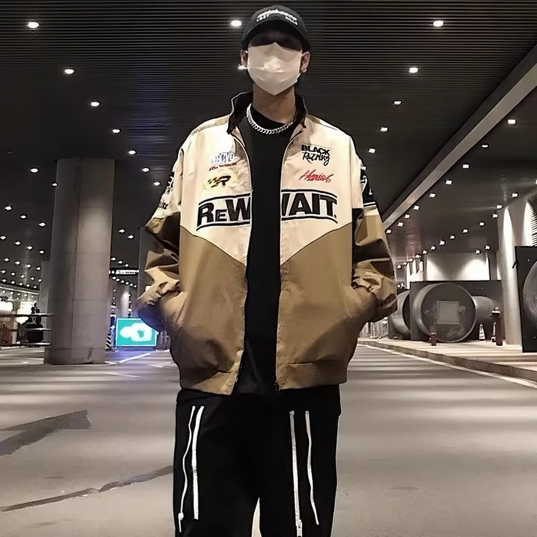 【清仓】潮流美式机车服男春秋季拼接夹克hiphop赛车服外套宽松痞帅