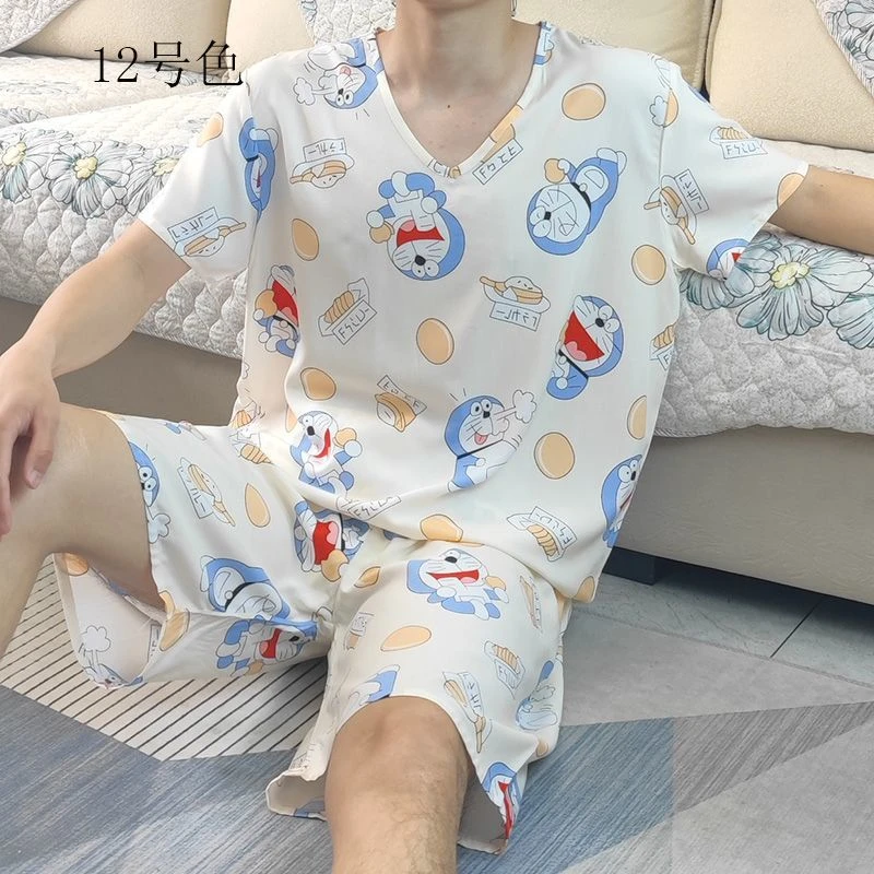 男士夏季宽松大码薄款家居服时尚青年高档学生东风绸棉绸夏天套装