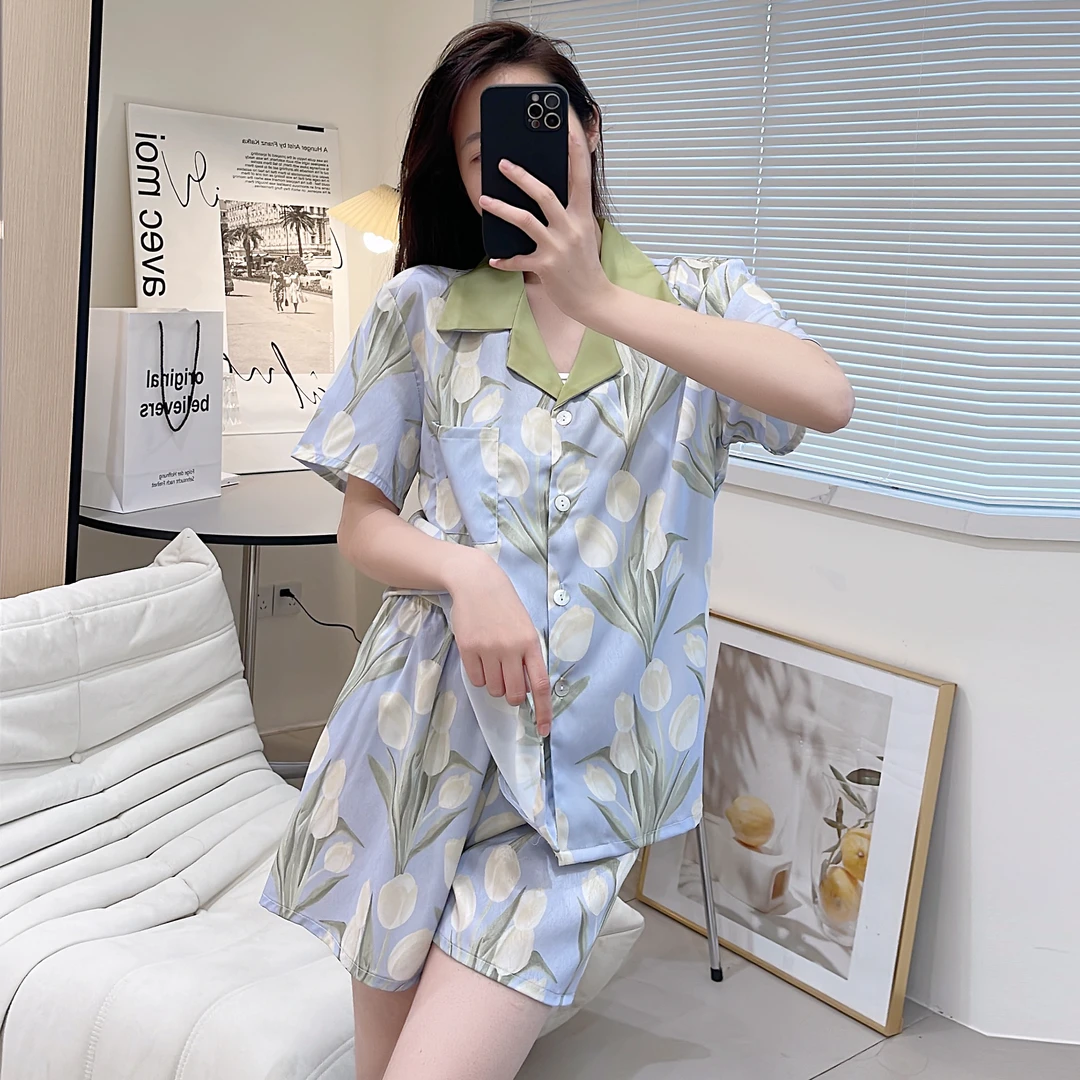 夏日油画氛围感郁金香印花冰丝睡衣女短袖家居服两件套可外穿薄款