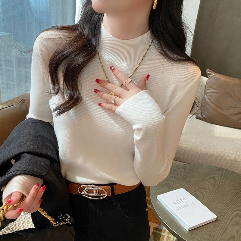 针织半高领白色打底衫女内搭秋冬高级感配大衣洋气显瘦上衣百搭