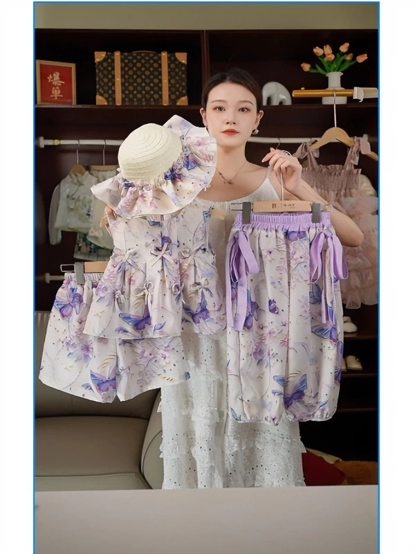 Bobo Beer 流苏 女童夏季新款碎花甜美舒适提花紫色蝴蝶结三件套