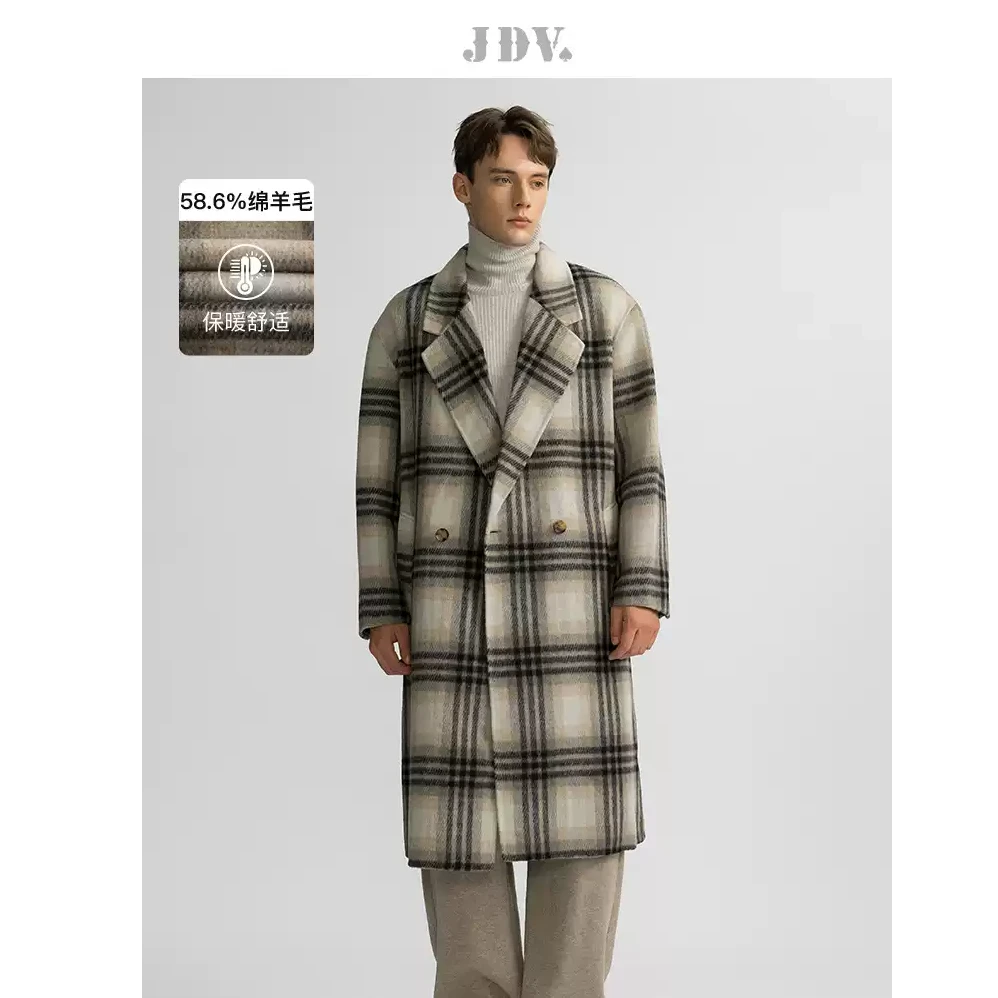 J.D.V商场同款2024秋冬新款格纹男翻领宽松羊毛呢大衣外套WCO4525