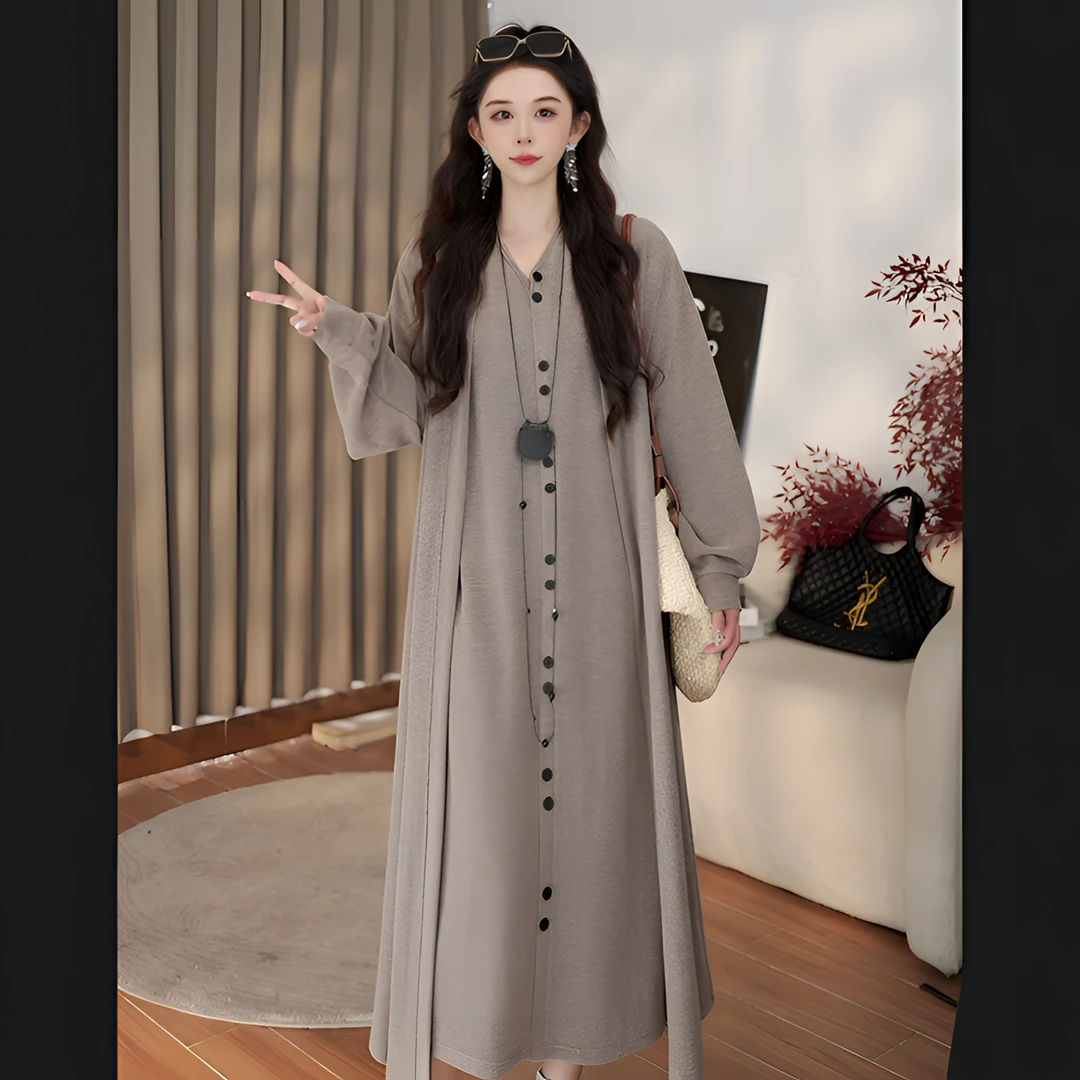 【现货】裙子+外套新款时尚两件套高级感外套纽扣显瘦秋季长裙24973