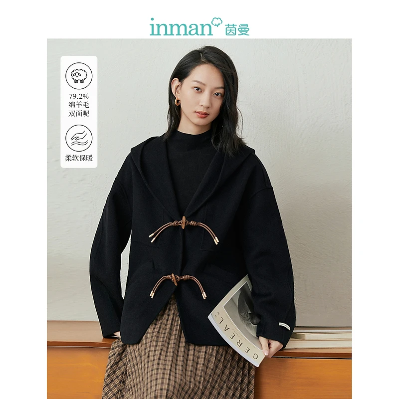 【冬季厚外套】茵曼冬季女毛呢外套大衣女装斗篷上衣绵羊毛新款连帽