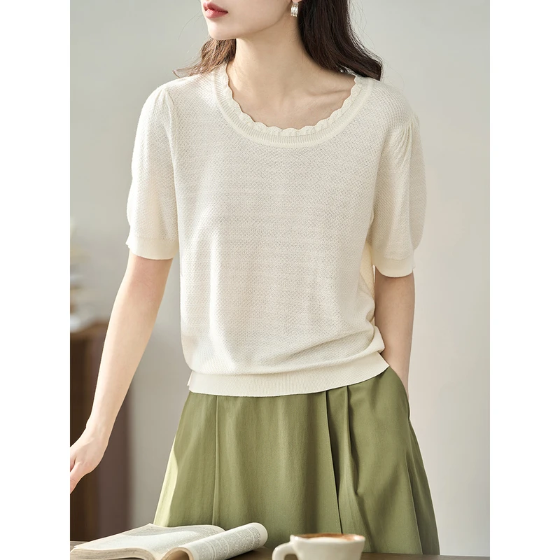 【商场同款】茵曼夏季女毛针织衫上衣新款女装短袖显瘦宽松圆领套头