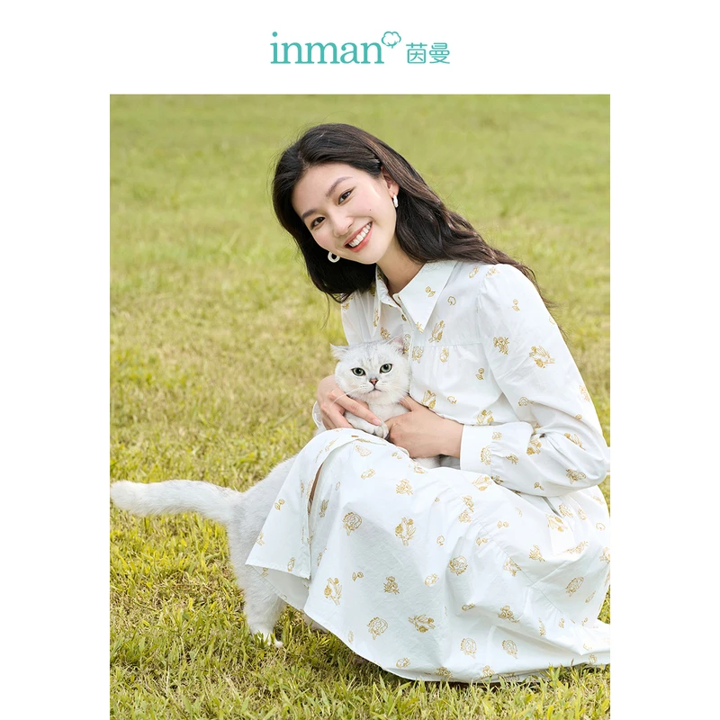 【雅丹风】茵曼春秋女连衣裙长袖显瘦衬衫子新款A字裙休闲宽松印花