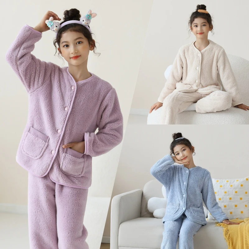 噜噜牛儿童睡衣法兰绒秋冬女童加厚宽松套装女孩大童珊瑚绒家居服