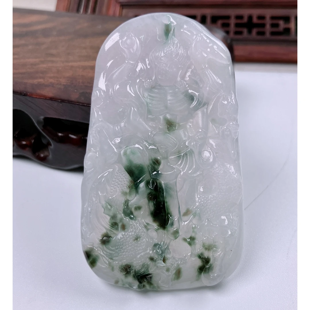 缅甸天然翡翠A货吊坠挂件飘花不动明王本命佛守护神冰种御龙六臂