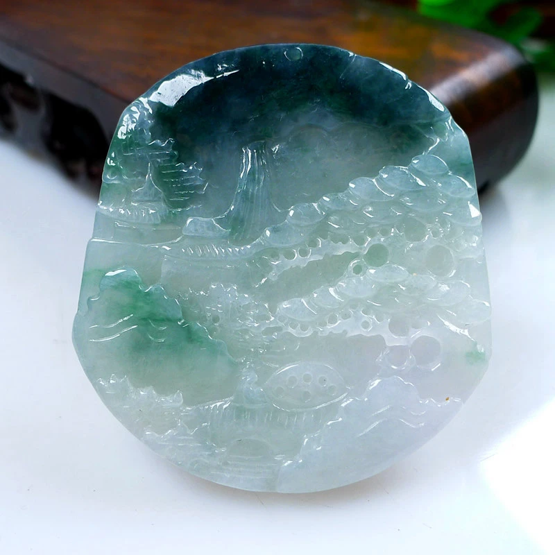 缅甸天然翡翠A货吊坠挂件飘花山水牌前程似锦胸怀大志精雕飘绿