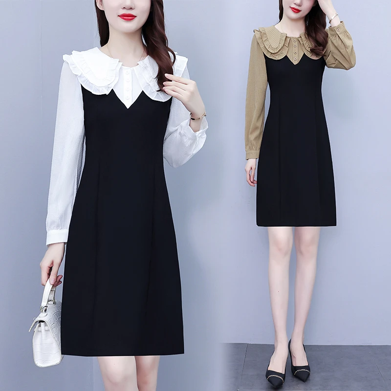 2024秋季新款拼接娃娃领衬衫假两件修身显瘦减龄连衣裙
