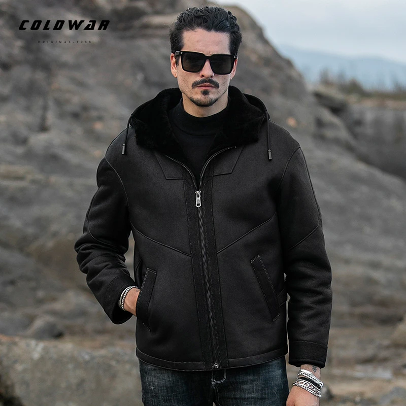 羊皮毛一体男款真皮连帽时尚休闲短款加厚羊毛外套冬季