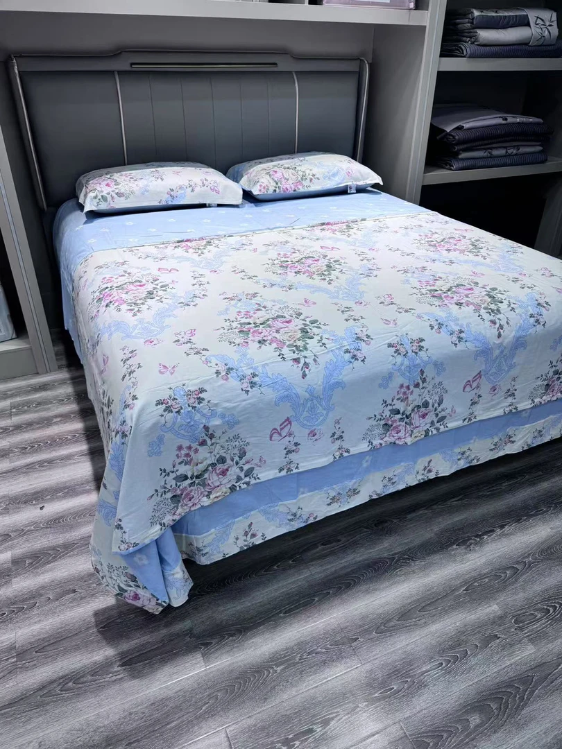 纯棉40支莫兰迪雅韵花都蓝色四件套四季通用