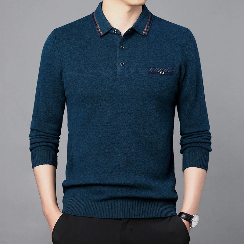 汤米纯色羊毛衫男冬季翻领加厚高端休闲宽松保暖针织毛衣男爸爸装