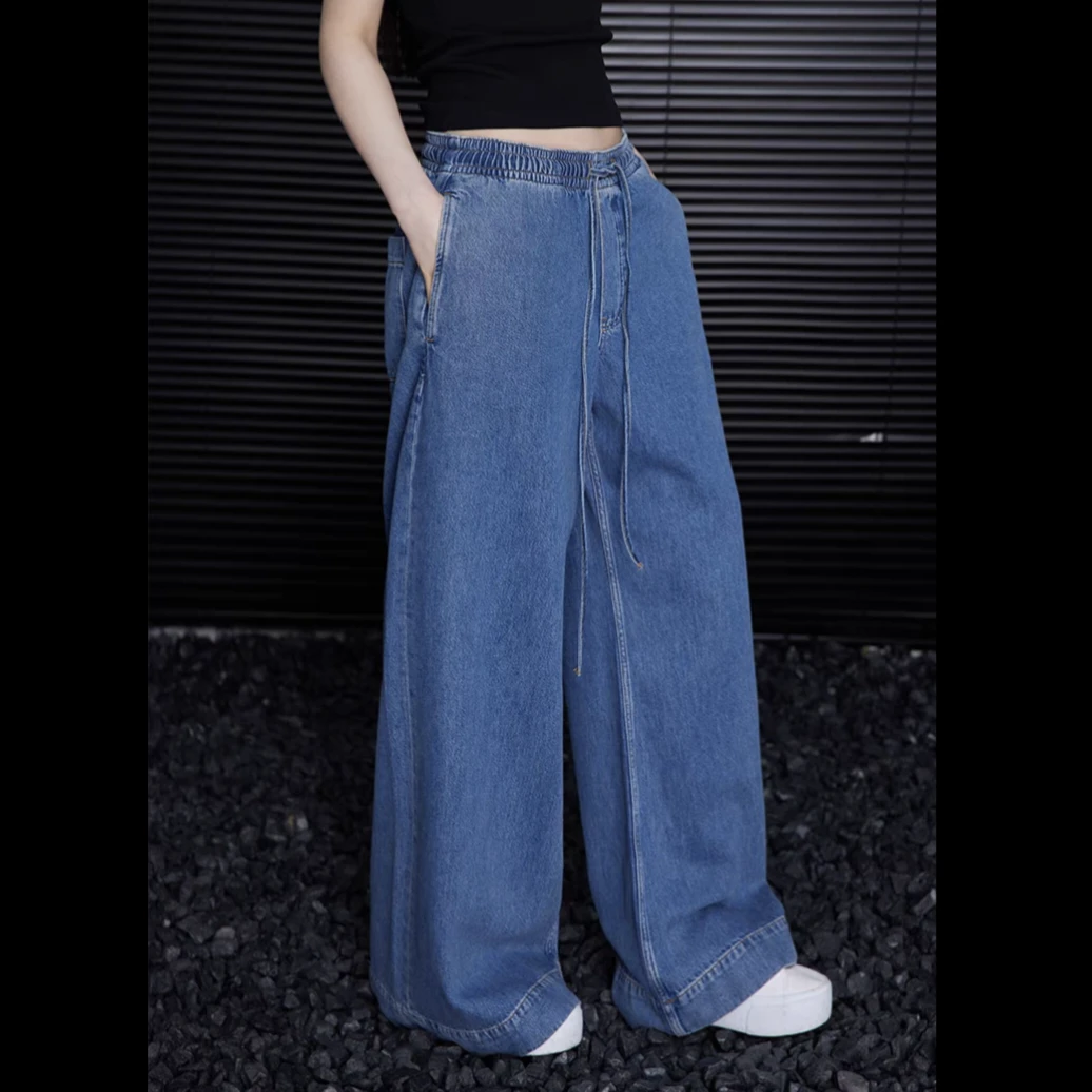 MILUO 蓝色宽松直筒阔腿牛仔裤女2024秋季新款法式复古设计感显瘦