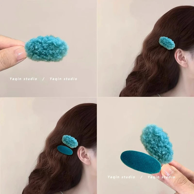 孔雀蓝绒~孔雀蓝羊羔毛秋季发夹！甜美刘海夹侧边夹鸭嘴夹发饰女