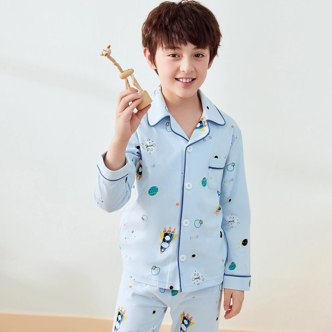 YEEHOO/英氏【100%棉】春季翻领睡衣男童家居服环保印染卡通火箭 B