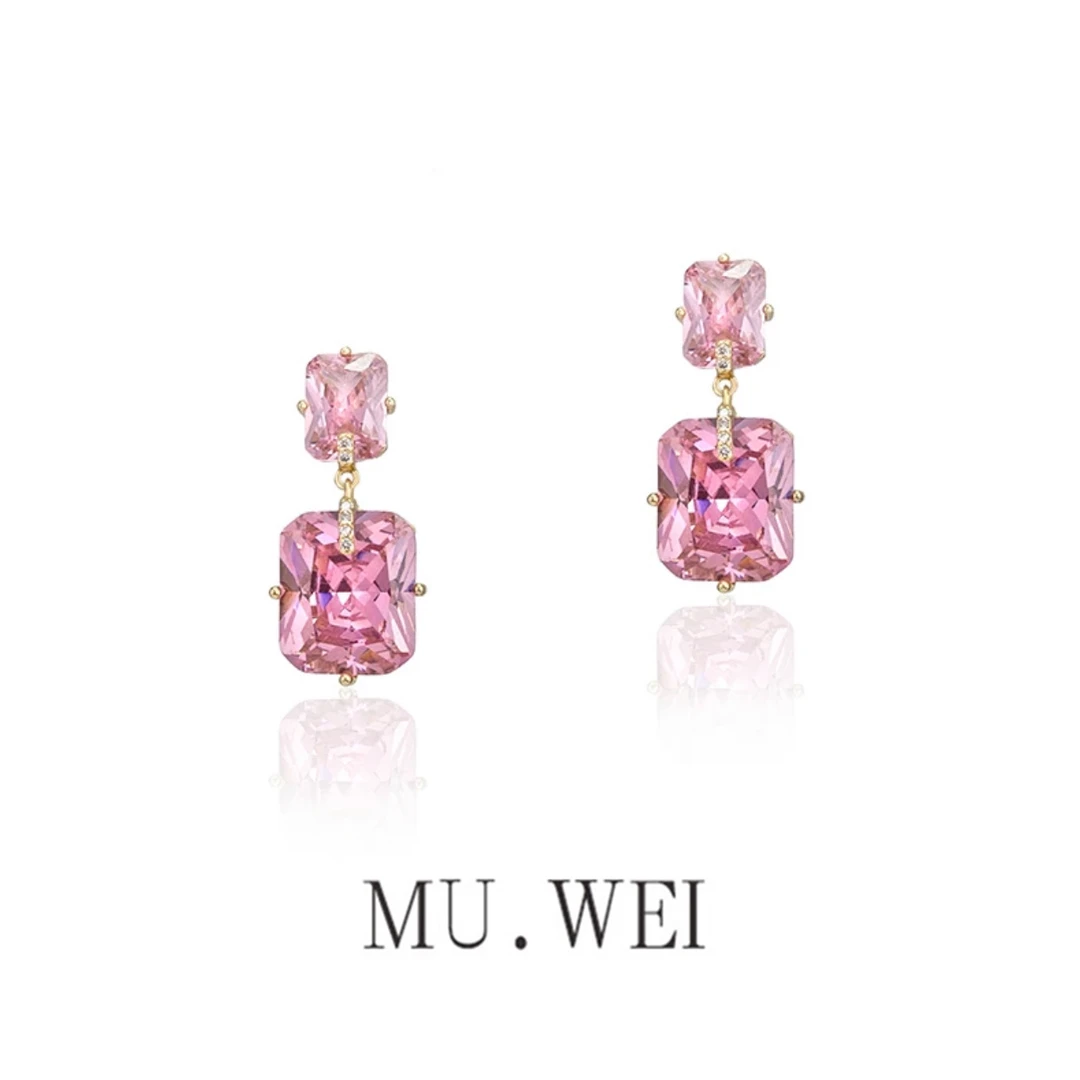 铜合金合成锆石耳饰 设计师款精致时尚简约轻奢气质百搭方形耳环