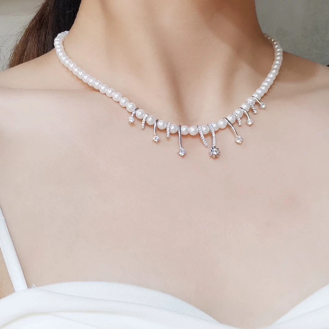 铜仿珍珠项链 时尚轻奢高级感流星方糖星光项链锁骨链