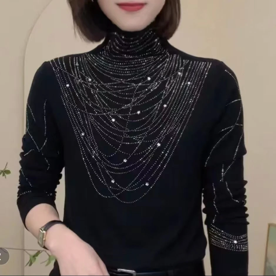 纯色烫钻针织衫柔软细腻高领保暖修身内搭高弹力显瘦打底衫女冬季